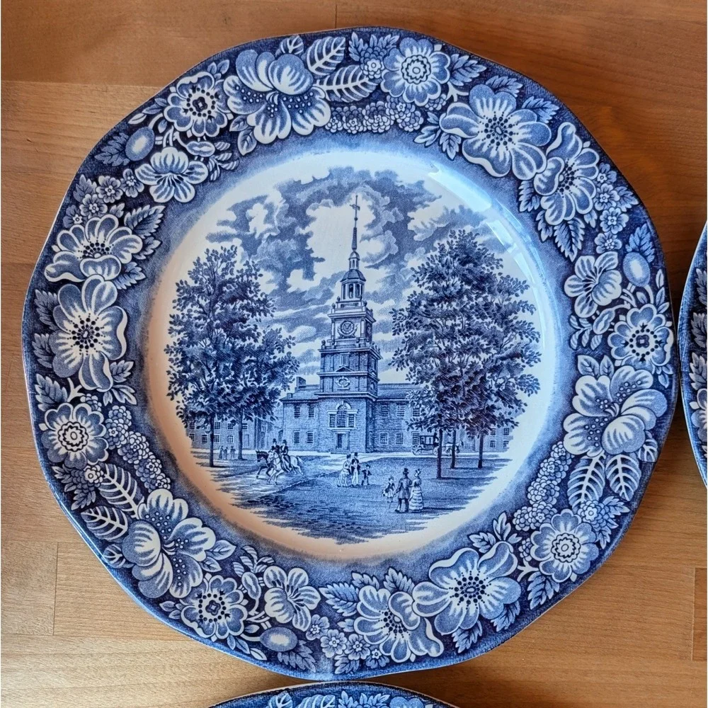 4 Liberty Blue Independence Hall Dinner Plates Staffordshire Ironstone 10